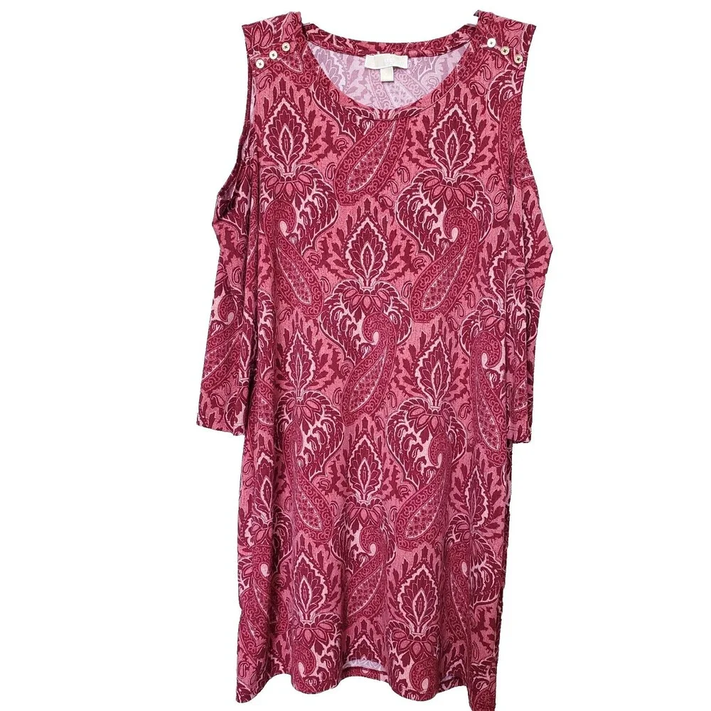 Michael Kors Red Paisley Cold Shoulder Dress Size XL Stretchy Scuba Knit